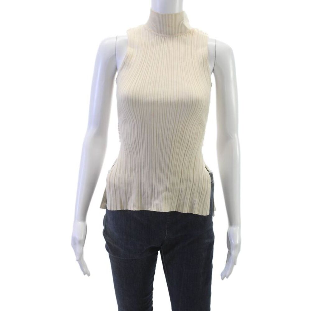 Meshki Women Tunic Tank Mock Neck Sleeveless Beige Viscose Buckle Size S